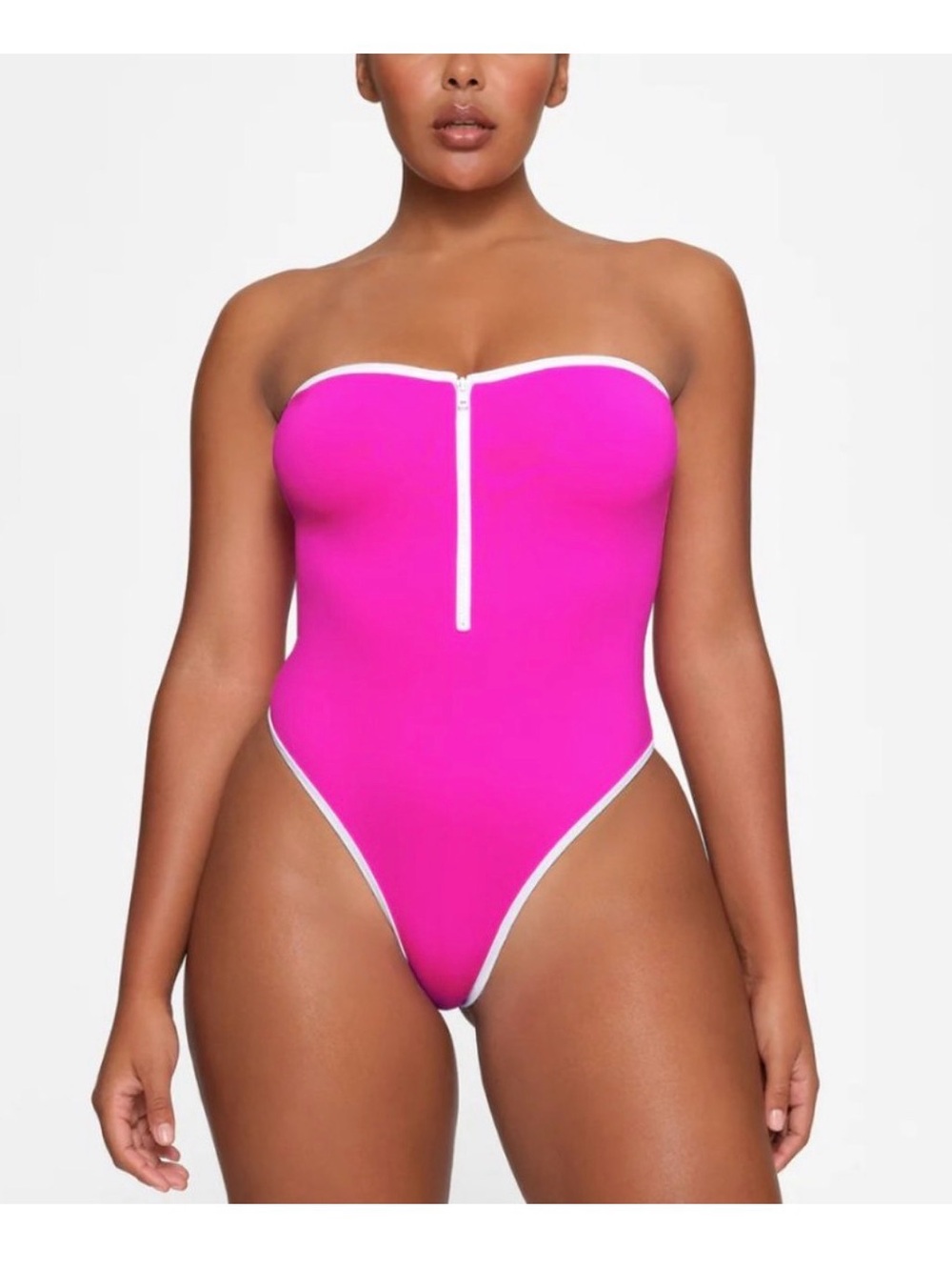 Skims Hot Pink Strapless High-Cut Swimwear Bodysuit.
